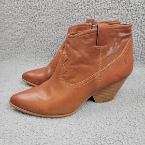 Frye Ankle Bootie Women 11M Reina Cognac Leather Zip Cowboy Western Pointed Toe‎